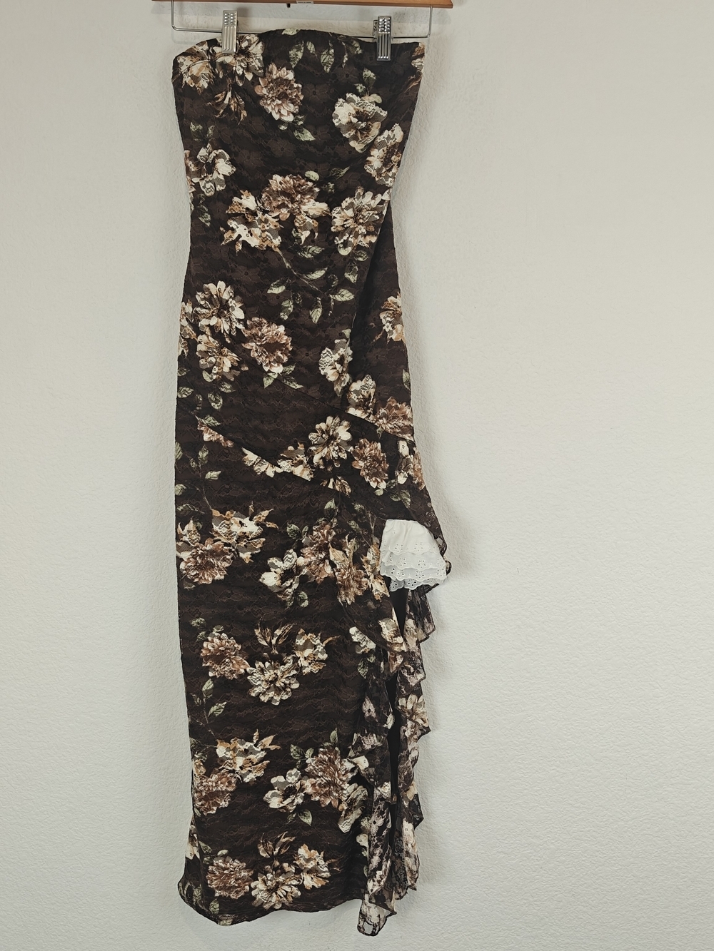J for Justify Floral Lace Strapless Midi Dress Brown Romantic Ruffle Side Slit M - Picture 2 of 16